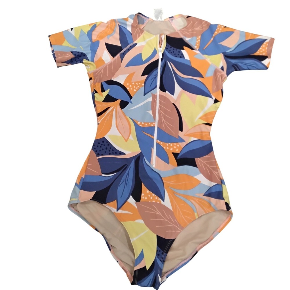 Kona Sol Womens Long Sleeve One Piece Swimsuit Tropical Leaf Zip Front Blue L